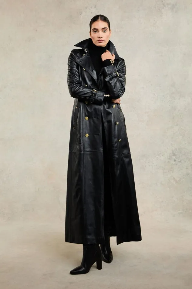 Women Full Length Marlborough Trench Coat Valencia Leather Black Holland Cooper Coats