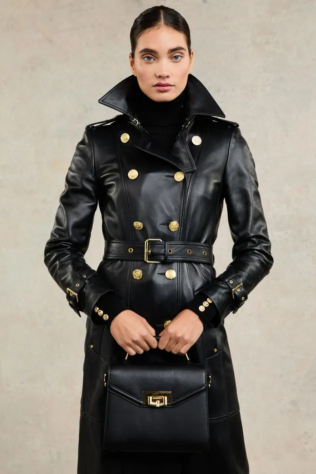 Women Full Length Marlborough Trench Coat Valencia Leather Black Holland Cooper Coats
