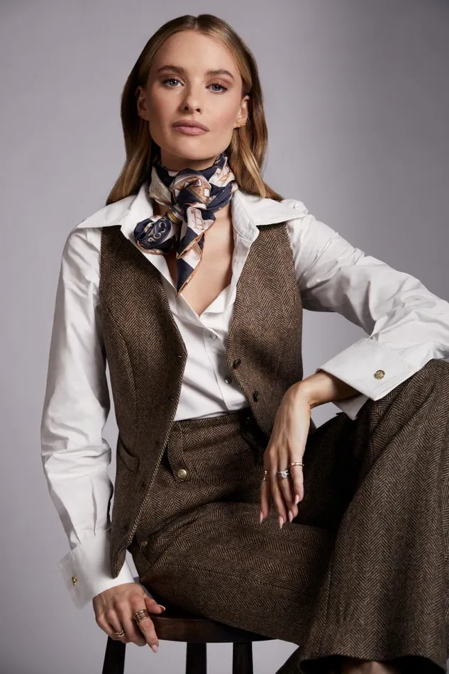 Women Hampton Waistcoat Large Scale Brown Herringbone Holland Cooper Tailoring
