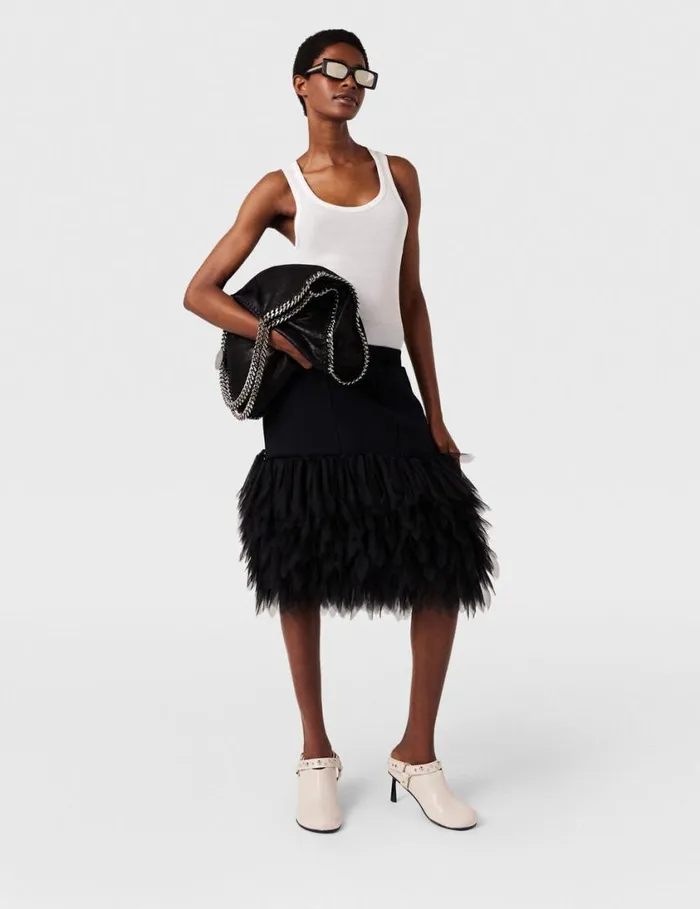Women HighRise Feather Midi Skirt Midnight Black Stella McCartney Skirts Women HighRise Feather Midi Skirt Midnight Black Stella McCartney Skirts