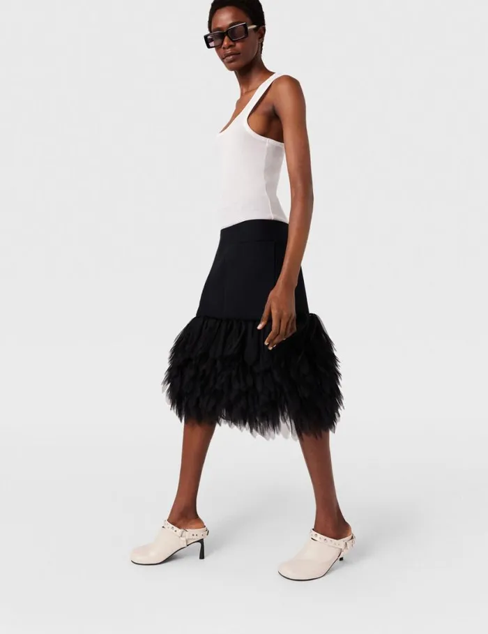Women HighRise Feather Midi Skirt Midnight Black Stella McCartney Skirts Women HighRise Feather Midi Skirt Midnight Black Stella McCartney Skirts