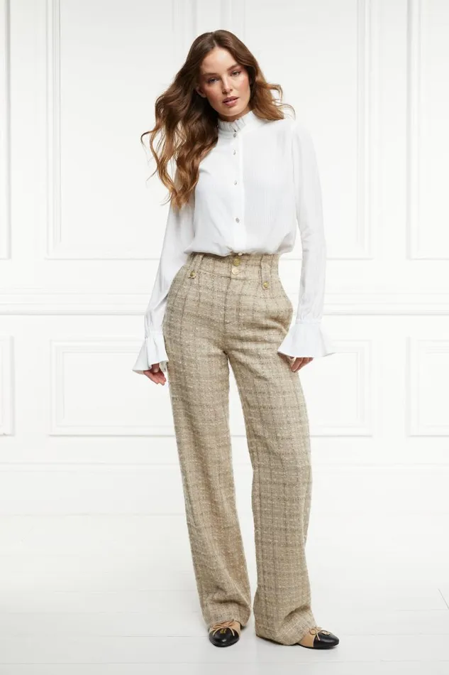 Women High Waisted Straight Trouser Camel Sparkle Tweed Holland Cooper Tailoring