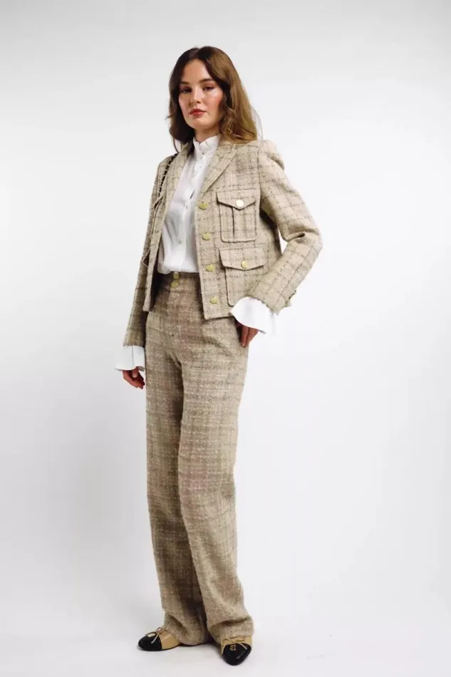 Women High Waisted Straight Trouser Camel Sparkle Tweed Holland Cooper Tailoring Women High Waisted Straight Trouser Camel Sparkle Tweed Holland Cooper Tailoring