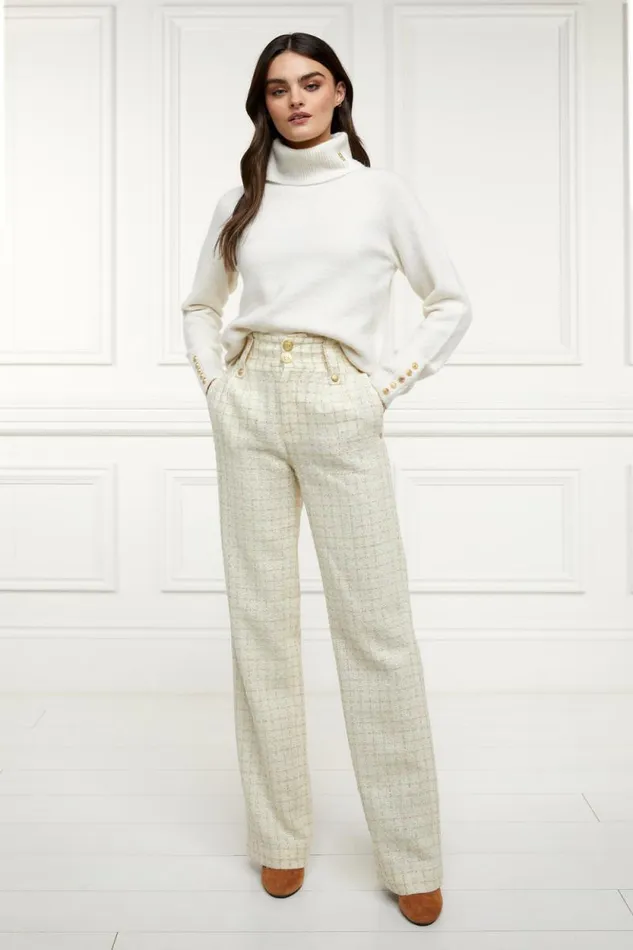 Women High Waisted Straight Trouser Ivory Sparkle Tweed Holland Cooper Tailoring