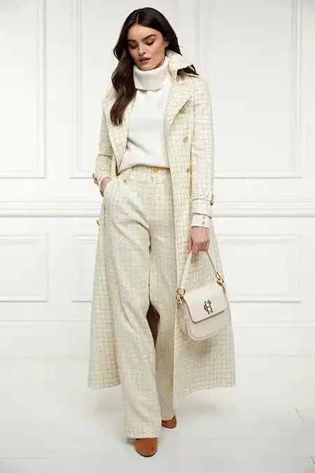 Women High Waisted Straight Trouser Ivory Sparkle Tweed Holland Cooper Tailoring