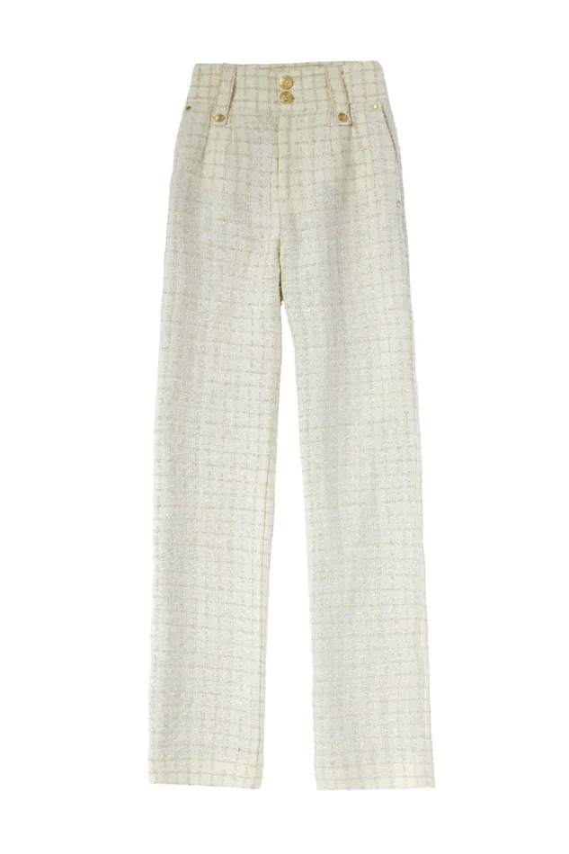 Women High Waisted Straight Trouser Ivory Sparkle Tweed Holland Cooper Tailoring