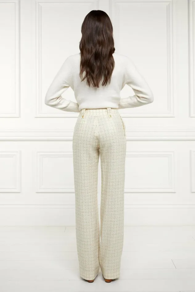 Women High Waisted Straight Trouser Ivory Sparkle Tweed Holland Cooper Tailoring