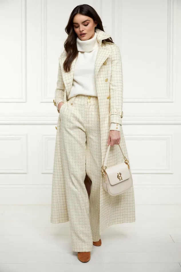 Women High Waisted Straight Trouser Ivory Sparkle Tweed Holland Cooper Tailoring