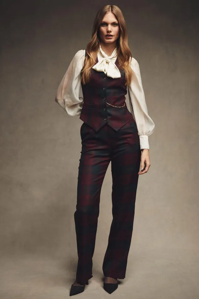Women High Waisted Straight Trouser Mulberry Tartan Holland Cooper Tailoring