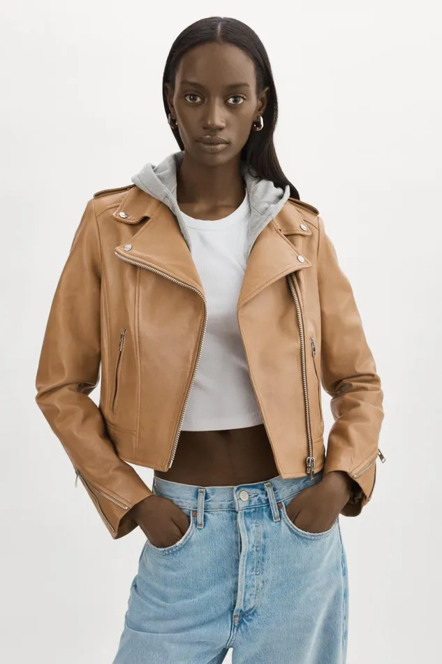 Women HOLY Leather Biker Jacket With Removable Hood Sesame LAMARQUE Leather Jackets