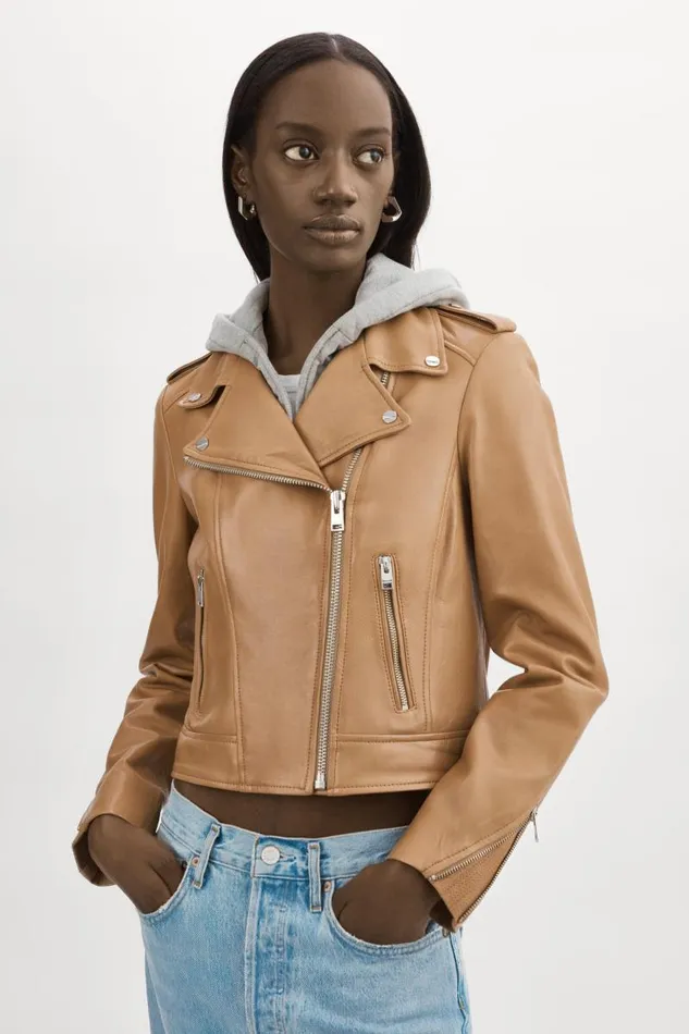 Women HOLY Leather Biker Jacket With Removable Hood Sesame LAMARQUE Leather Jackets Women HOLY Leather Biker Jacket With Removable Hood Sesame LAMARQUE Leather Jackets