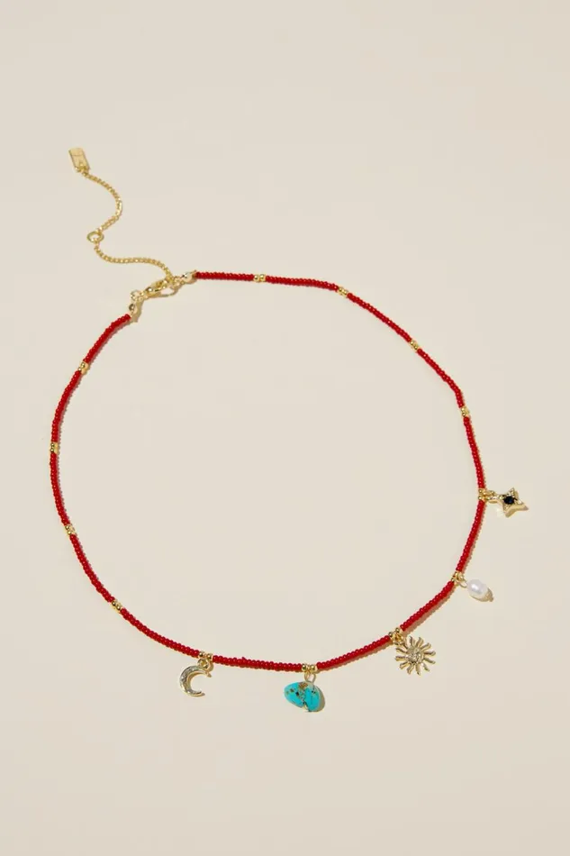 Women Jewelry Cotton On Beaded Necklace Gold Plated Red Bead Semi Precious Celestial