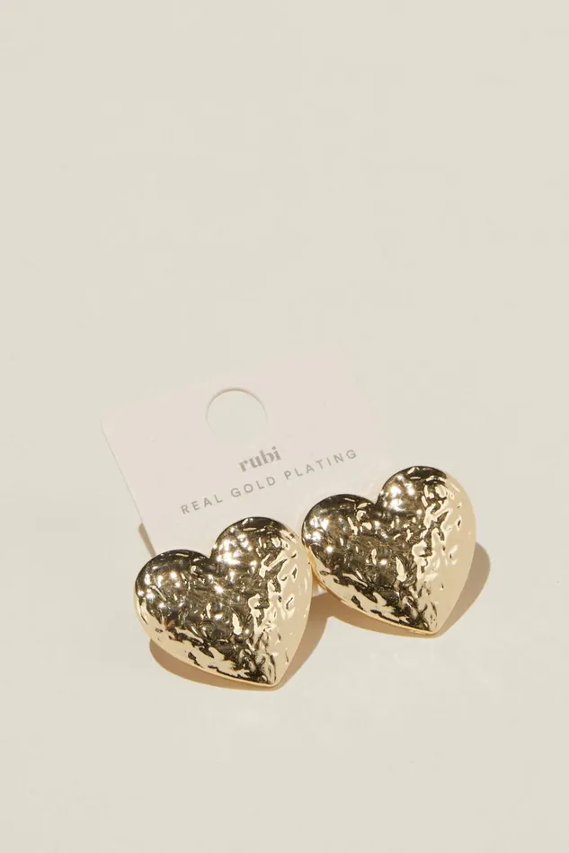 Women Jewelry Cotton On Mid Charm Earring Gold Plated Hammered Heart Stud