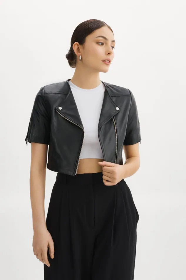 Women KIRSI Cropped Biker Jacket Black LAMARQUE Leather Jackets