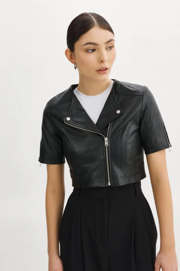 Women KIRSI Cropped Biker Jacket Black LAMARQUE Leather Jackets