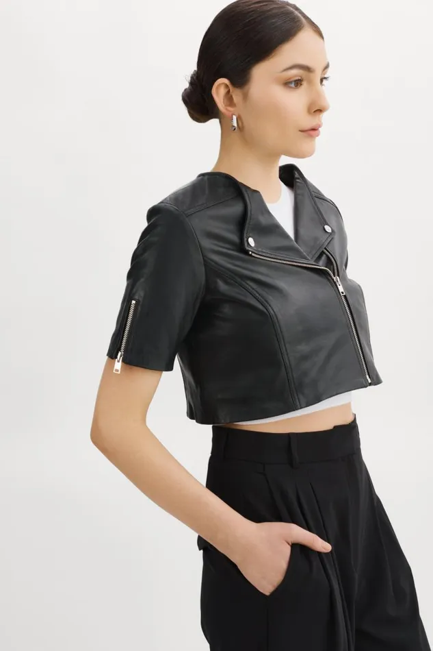 Women KIRSI Cropped Biker Jacket Black LAMARQUE Leather Jackets
