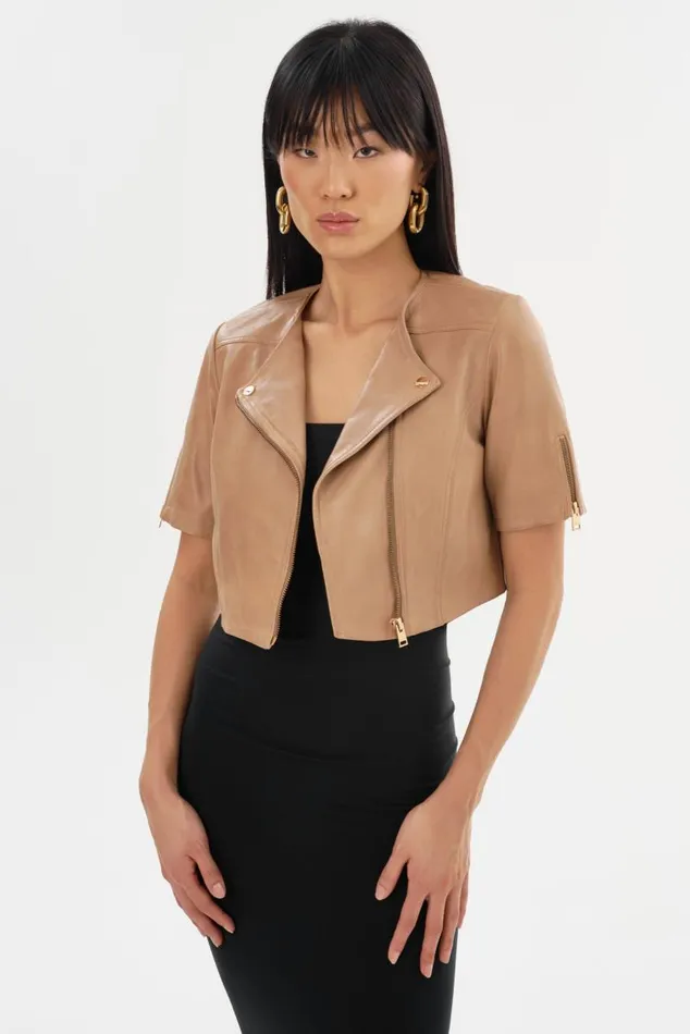 Women KIRSI GOLD Cropped Biker Jacket Camel LAMARQUE Leather Jackets