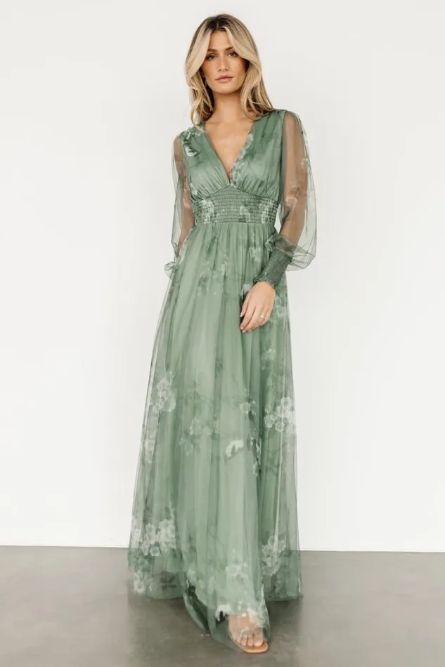 Women Layla Tulle Maxi Dress Dusty Green Floral Baltic Born Tulle Styles