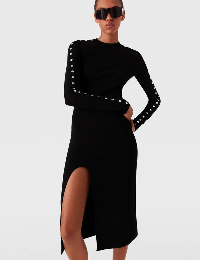 Women LongSleeve Leg Slit Midi Dress Black Stella McCartney Dresses Women LongSleeve Leg Slit Midi Dress Black Stella McCartney Dresses