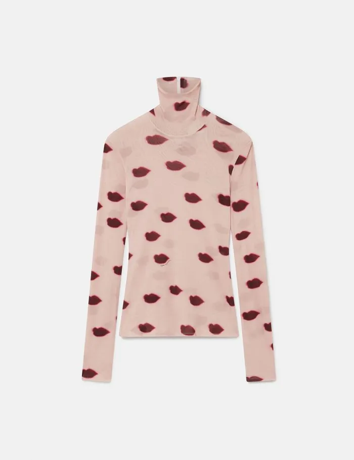 Women LongSleeve Lips Print Turtleneck Top Dusty Pink And Red Stella McCartney Shirts And Tops