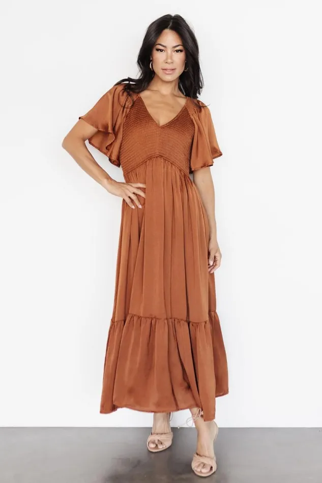 Women Lovell Smocked Midi Dress Dark Copper Baltic Born Midi Dresses Women Lovell Smocked Midi Dress Dark Copper Baltic Born Midi Dresses