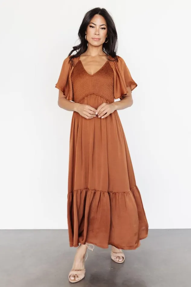 Women Lovell Smocked Midi Dress Dark Copper Baltic Born Midi Dresses Women Lovell Smocked Midi Dress Dark Copper Baltic Born Midi Dresses