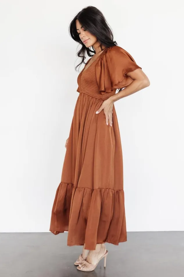 Women Lovell Smocked Midi Dress Dark Copper Baltic Born Midi Dresses Women Lovell Smocked Midi Dress Dark Copper Baltic Born Midi Dresses