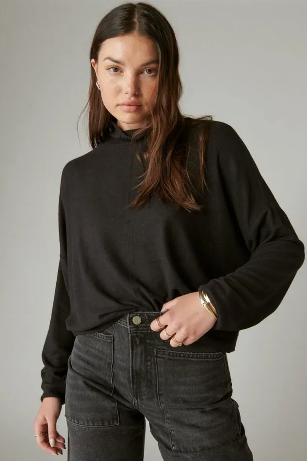 Women Lucky Brand Activewear Cloud Jersey Mock Neck Top Jet Black