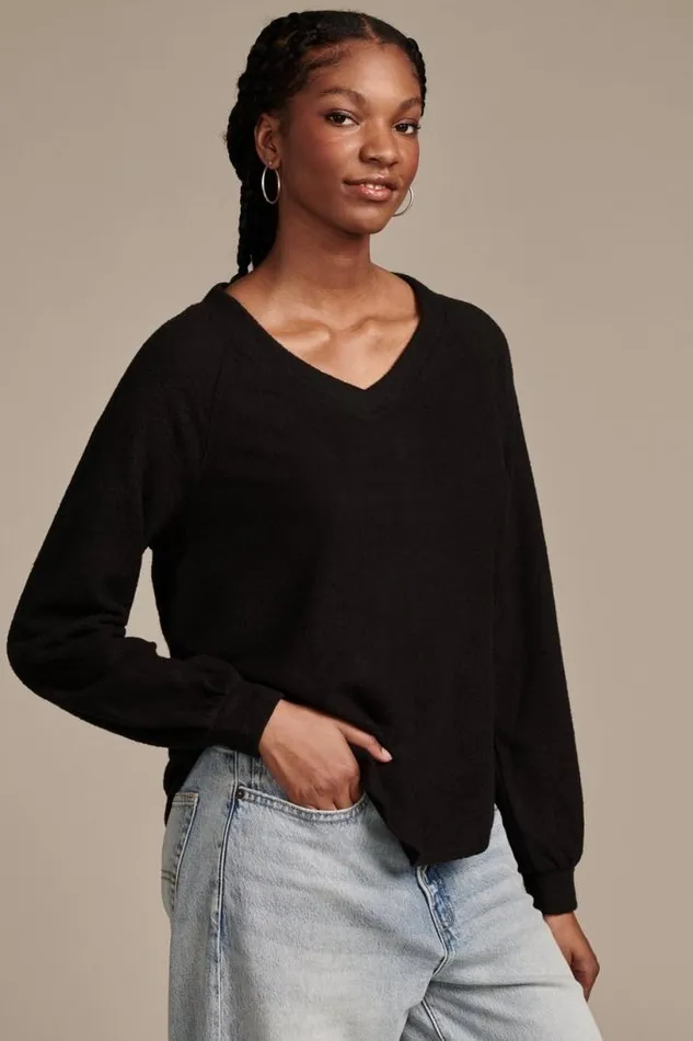 Women Lucky Brand Activewear Cloud Jersey V Neck Pullover Jet Black