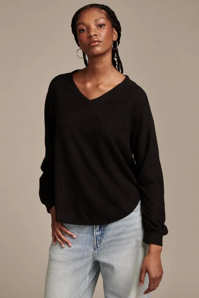Women Lucky Brand Activewear Cloud Jersey V Neck Pullover Jet Black