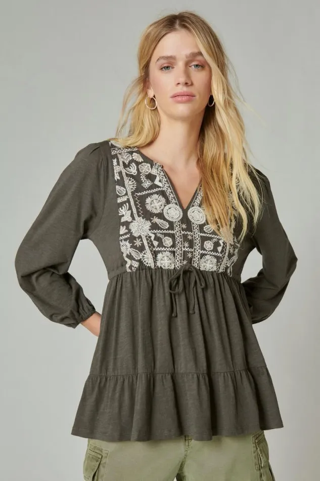 Women Lucky Brand All Tops Embroidered Tiered Tunic Top Raven