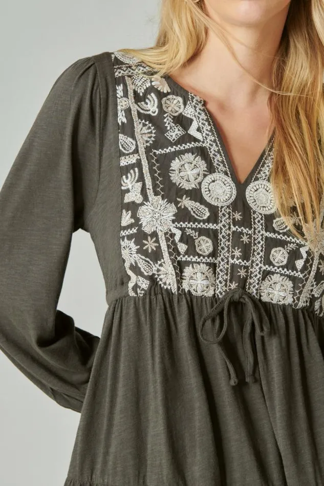 Women Lucky Brand All Tops Embroidered Tiered Tunic Top Raven