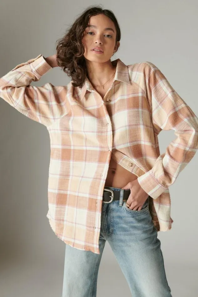 Women Lucky Brand All Tops Oversized Distressed Plaid Flannel Tunic Cafe Au Lait Plaid