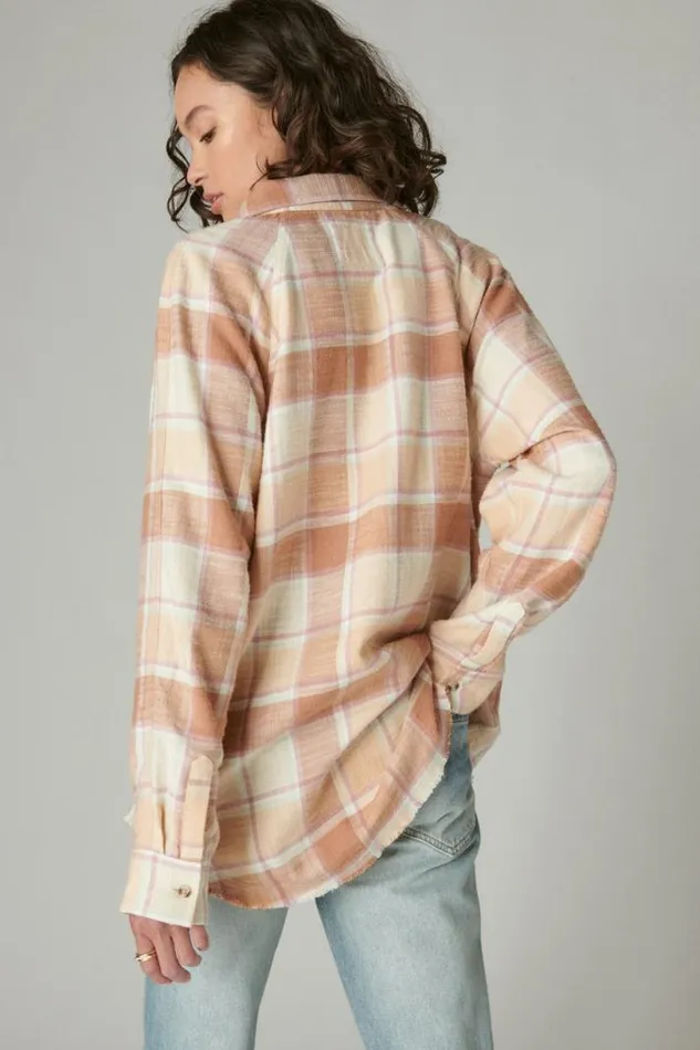 Women Lucky Brand All Tops Oversized Distressed Plaid Flannel Tunic Cafe Au Lait Plaid