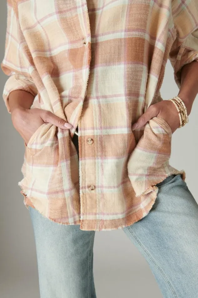Women Lucky Brand All Tops Oversized Distressed Plaid Flannel Tunic Cafe Au Lait Plaid