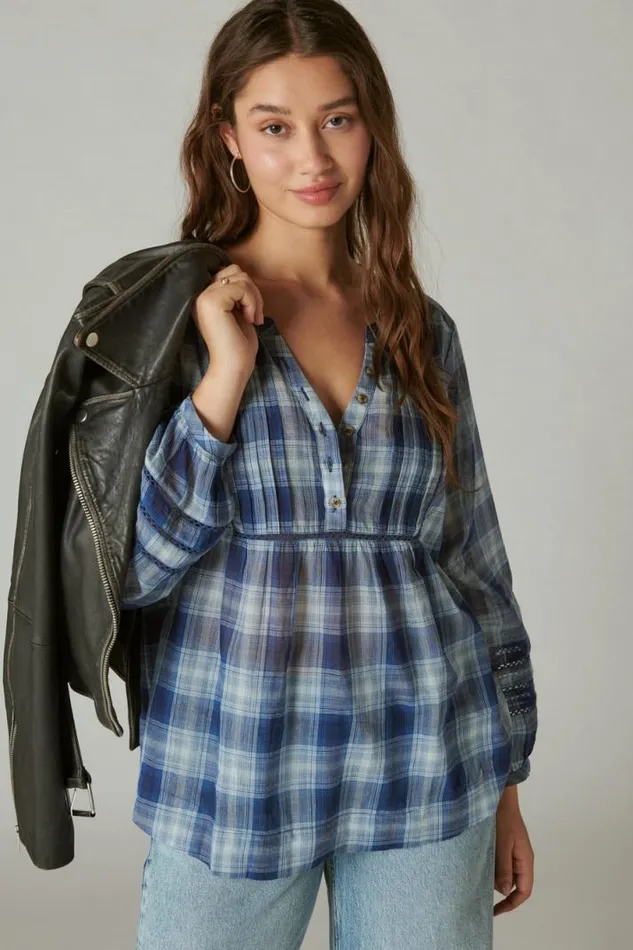 Women Lucky Brand All Tops Plaid Popover Shirt Medium Indigo Plaid