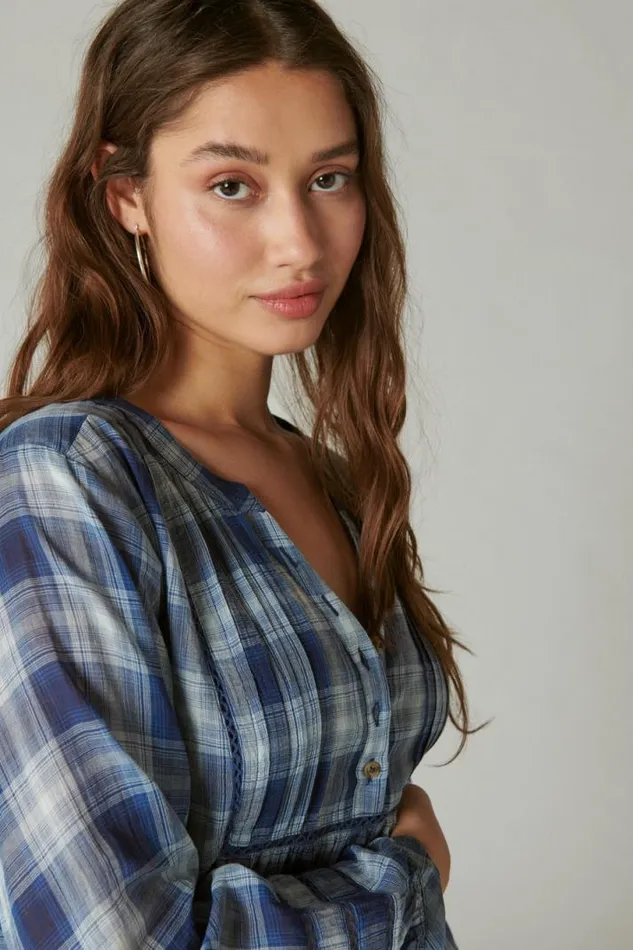 Women Lucky Brand All Tops Plaid Popover Shirt Medium Indigo Plaid