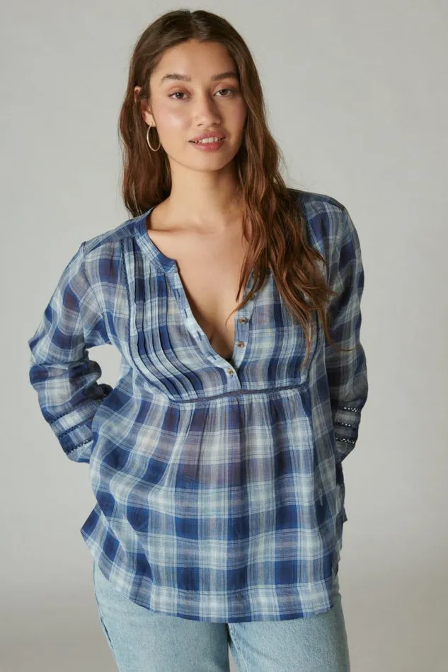 Women Lucky Brand All Tops Plaid Popover Shirt Medium Indigo Plaid