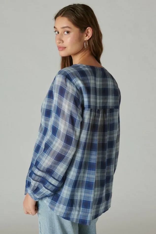 Women Lucky Brand All Tops Plaid Popover Shirt Medium Indigo Plaid