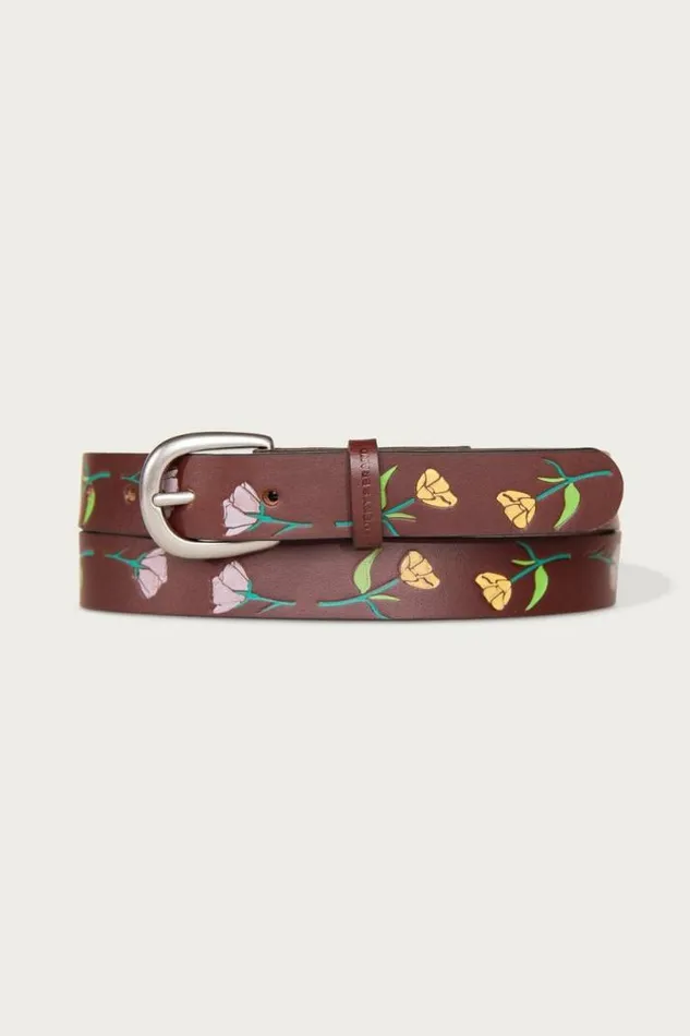 Women Lucky Brand Belts Skinny Leather Jean Belt With Floral Embossed And Handpaint Dark Brown
