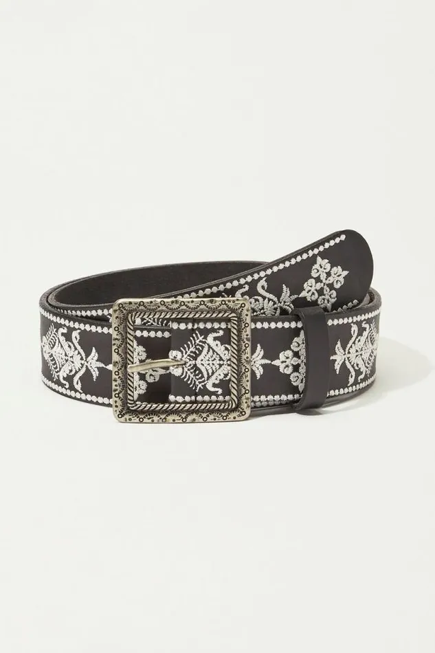 Women Lucky Brand Belts Square Buckle Embroidered Belt Black