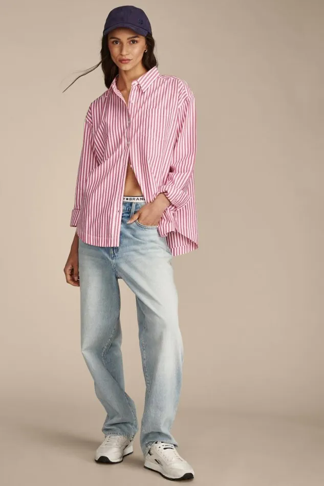 Women Lucky Brand Blouses Boyfriend Prep Shirt Pink Stripe