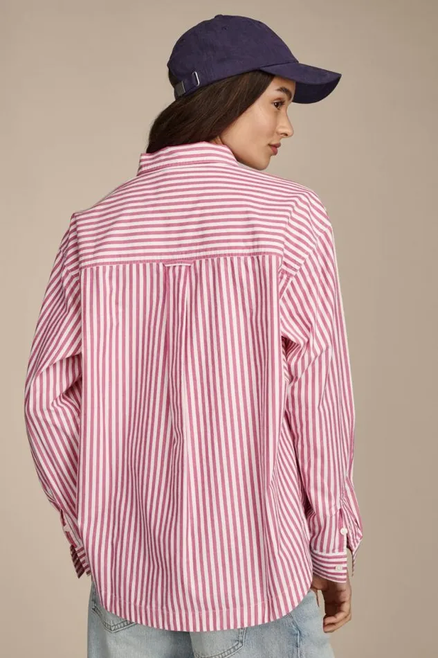 Women Lucky Brand Blouses Boyfriend Prep Shirt Pink Stripe