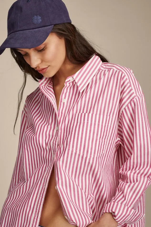 Women Lucky Brand Blouses Boyfriend Prep Shirt Pink Stripe