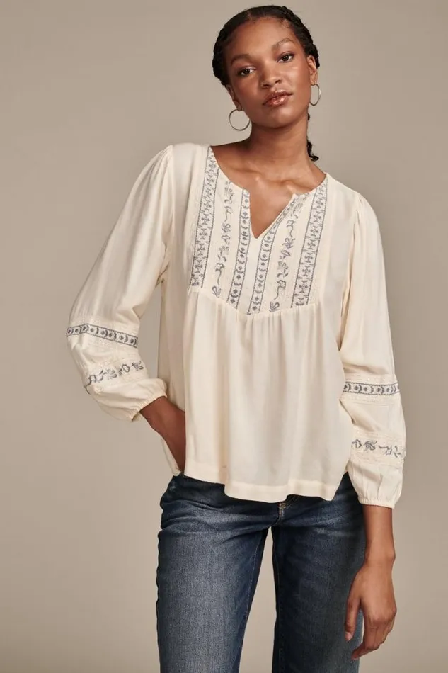 Women Lucky Brand Blouses Geo Embroidered Babydoll Top Eggnog
