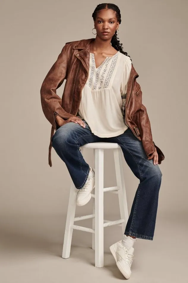 Women Lucky Brand Blouses Geo Embroidered Babydoll Top Eggnog