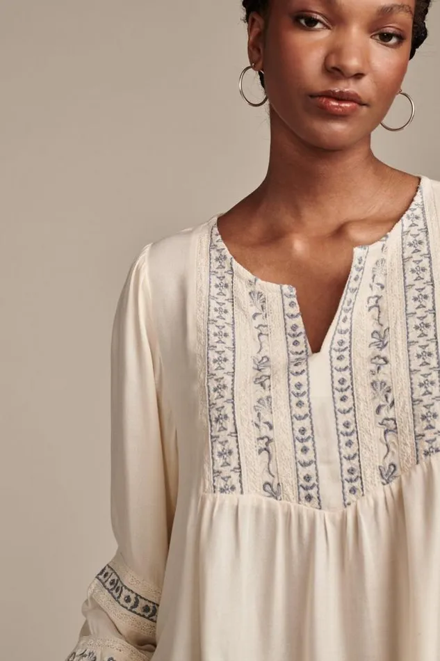 Women Lucky Brand Blouses Geo Embroidered Babydoll Top Eggnog