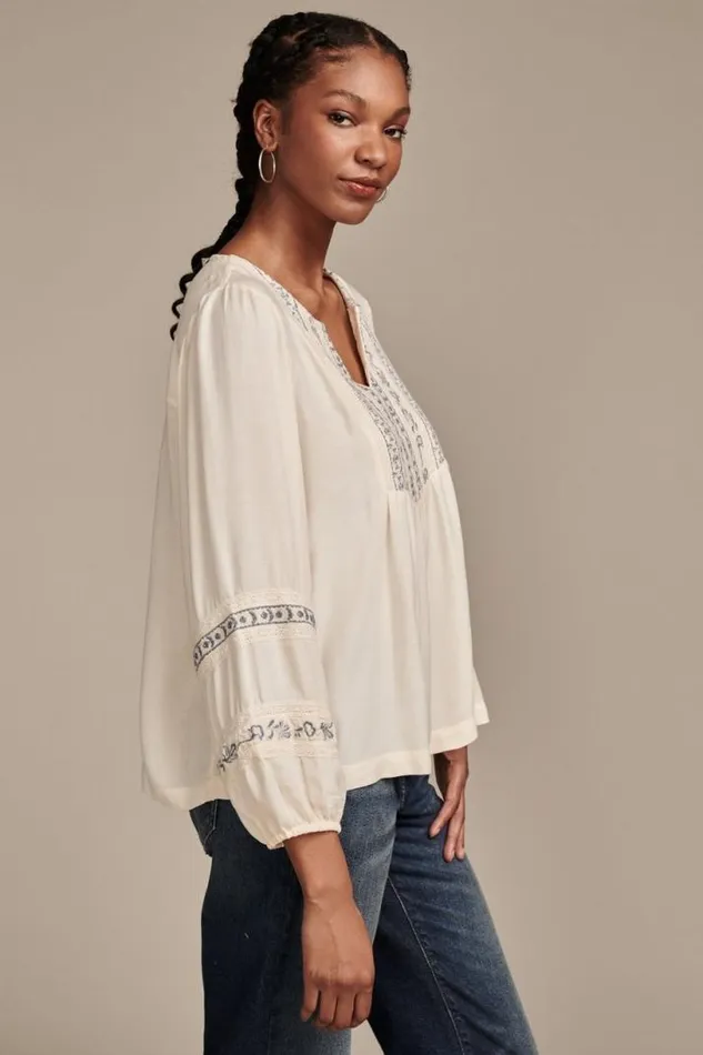 Women Lucky Brand Blouses Geo Embroidered Babydoll Top Eggnog