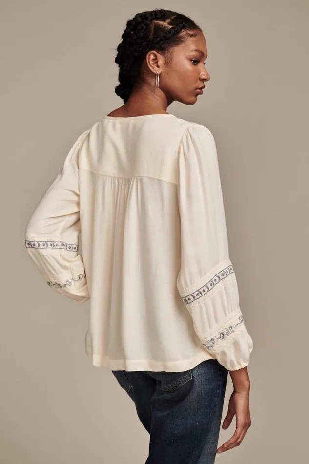 Women Lucky Brand Blouses Geo Embroidered Babydoll Top Eggnog