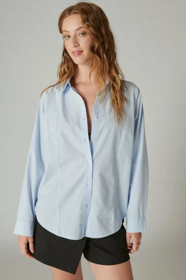 Women Lucky Brand Blouses Solid Oversized Seamed Shirt Light Blue